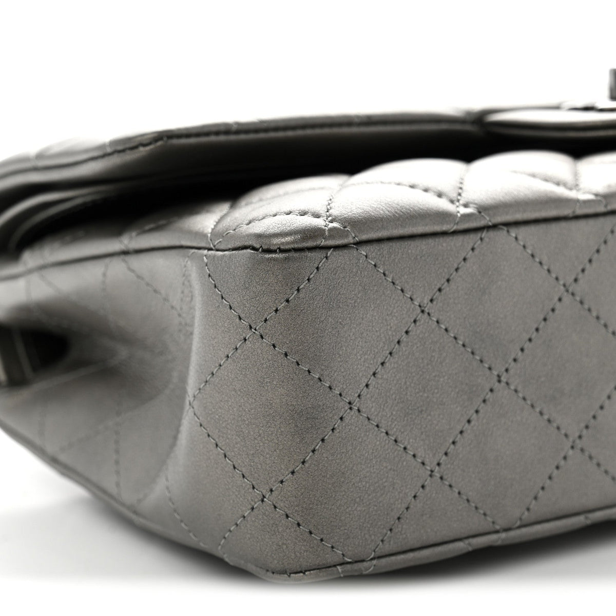 Metallic Calfskin Quilted Medium Double Flap Ruthenium