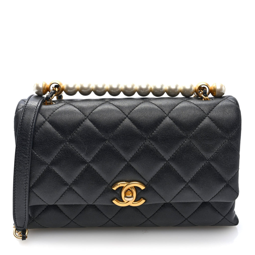 Lambskin Quilted Pearl Handle Flap Black