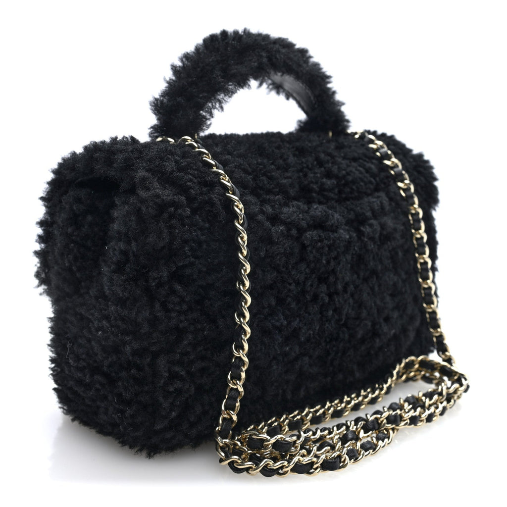 Shearling Quilted Mini Top Handle Rectangular Flap Black