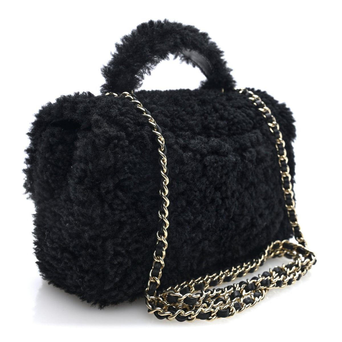 Shearling Quilted Mini Top Handle Rectangular Flap Black