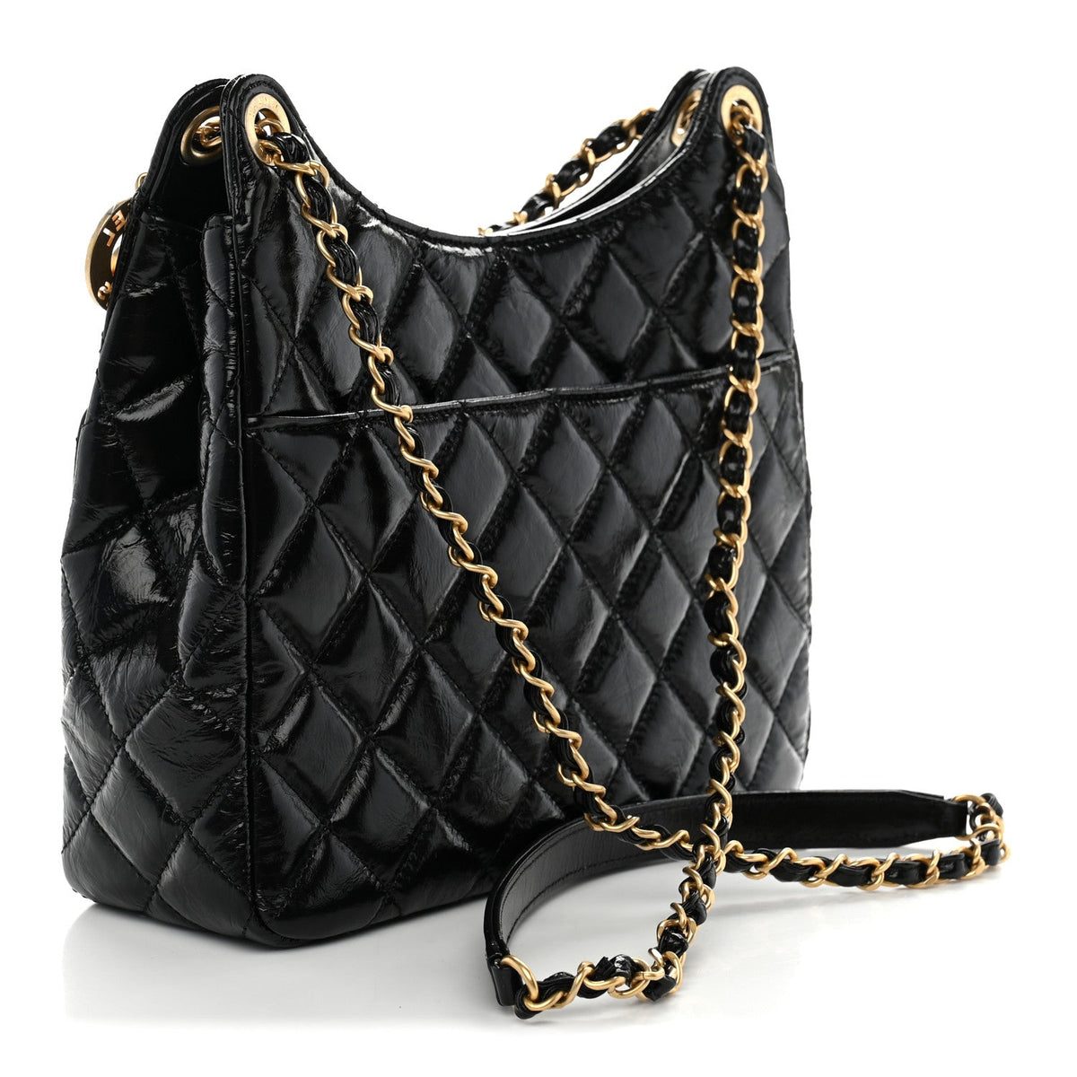 Shiny Crumpled Calfskin Quilted Wavy CC Hobo Black