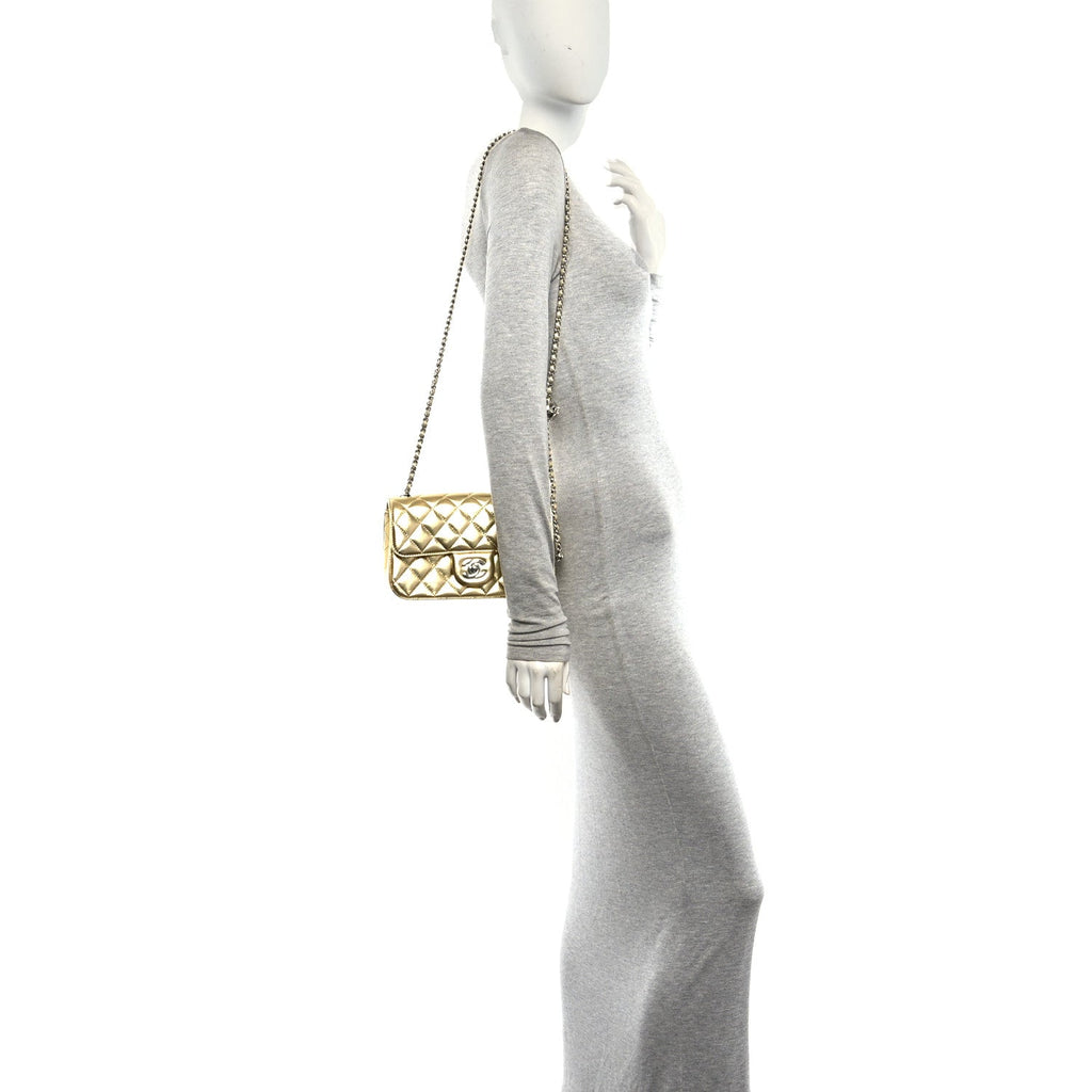 Metallic Lambskin Quilted Mini Rectangular Pearl Crush Flap  Gold