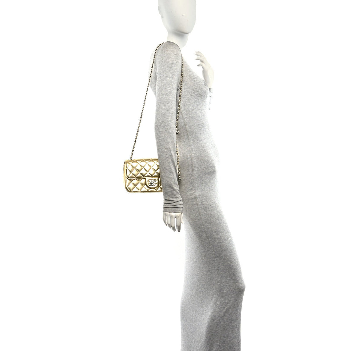 Metallic Lambskin Quilted Mini Rectangular Pearl Crush Flap  Gold