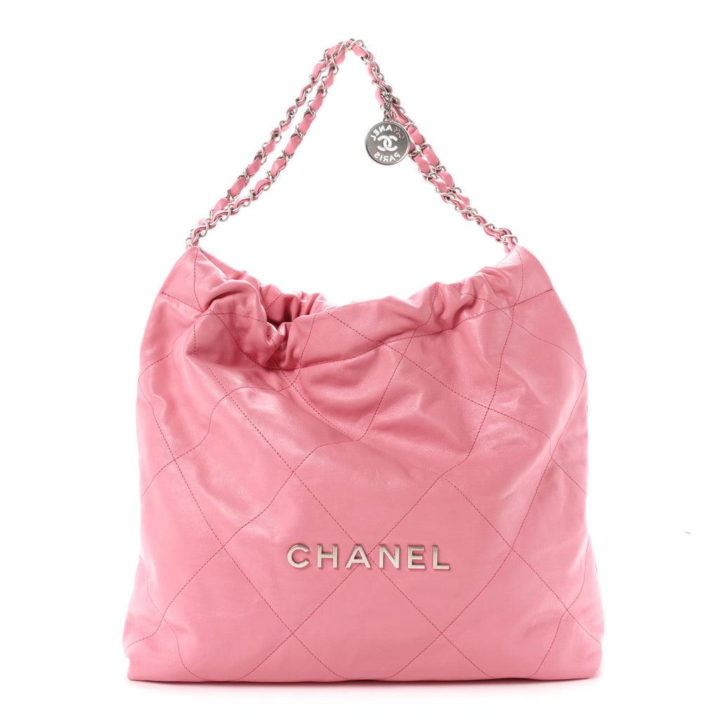Shiny Calfskin Quilted Chanel 22 Drawstring Bag Pink