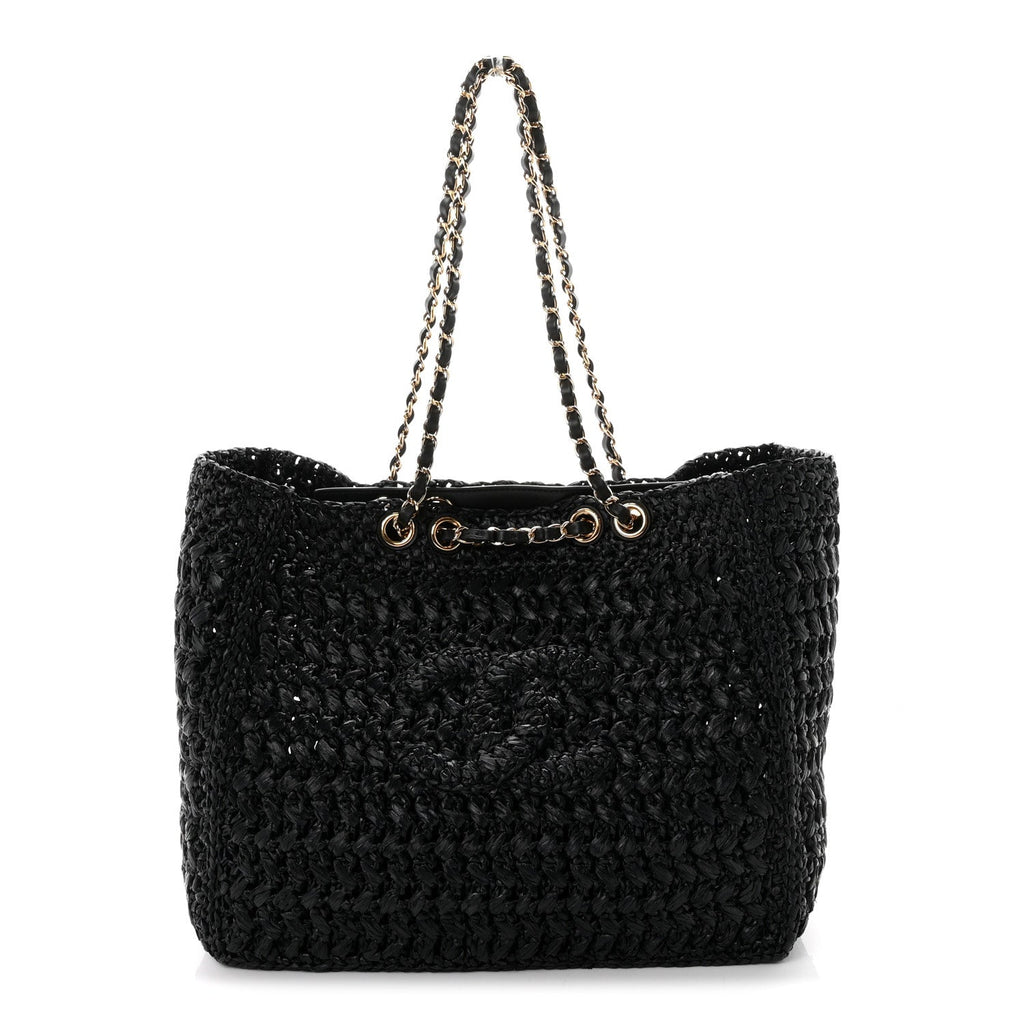 Raffia Effect Calfskin Coco Beach Shopping Tote Black