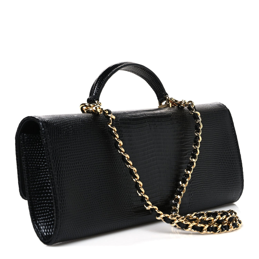 Calfskin Lizard Embossed Top Handle Long Clutch With Chain Black