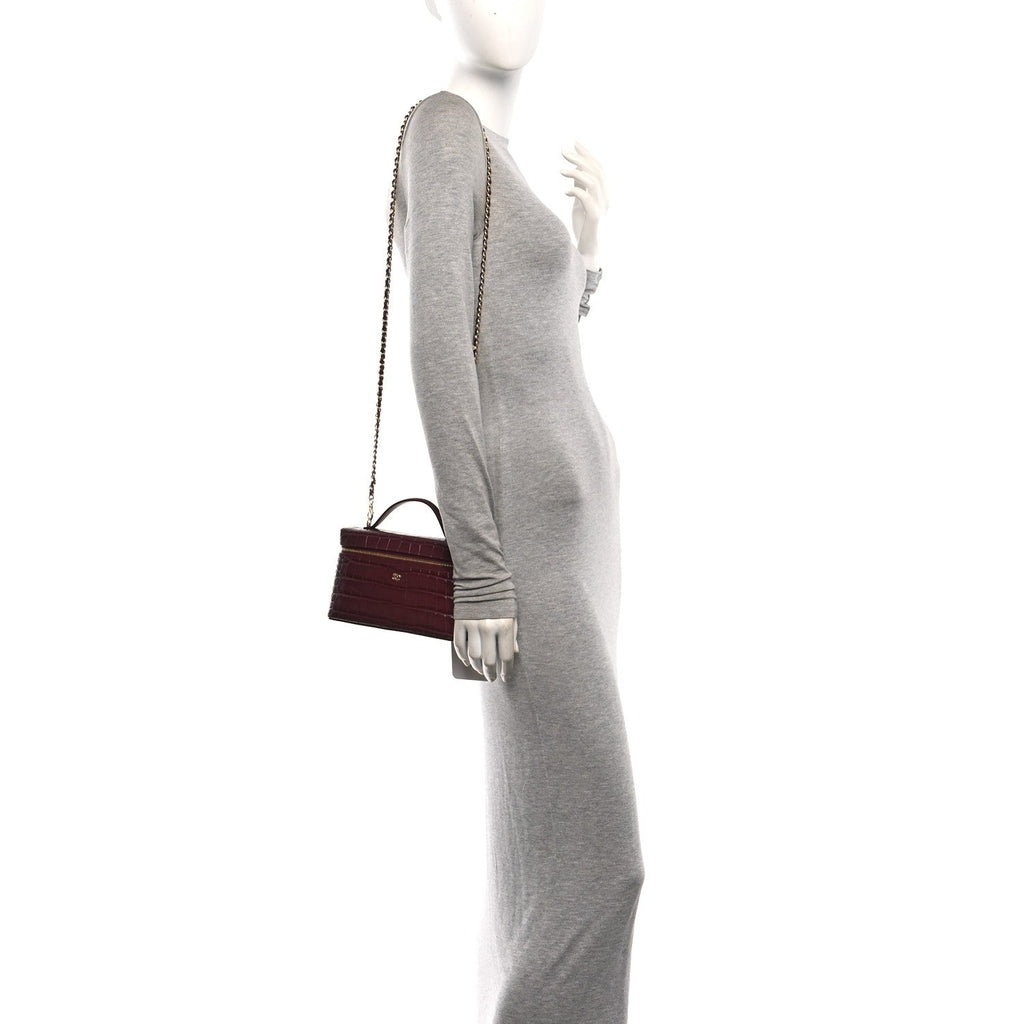 Calfskin Crocodile Embossed Crococo Exoticoco Vanity With Chain Dark Burgundy
