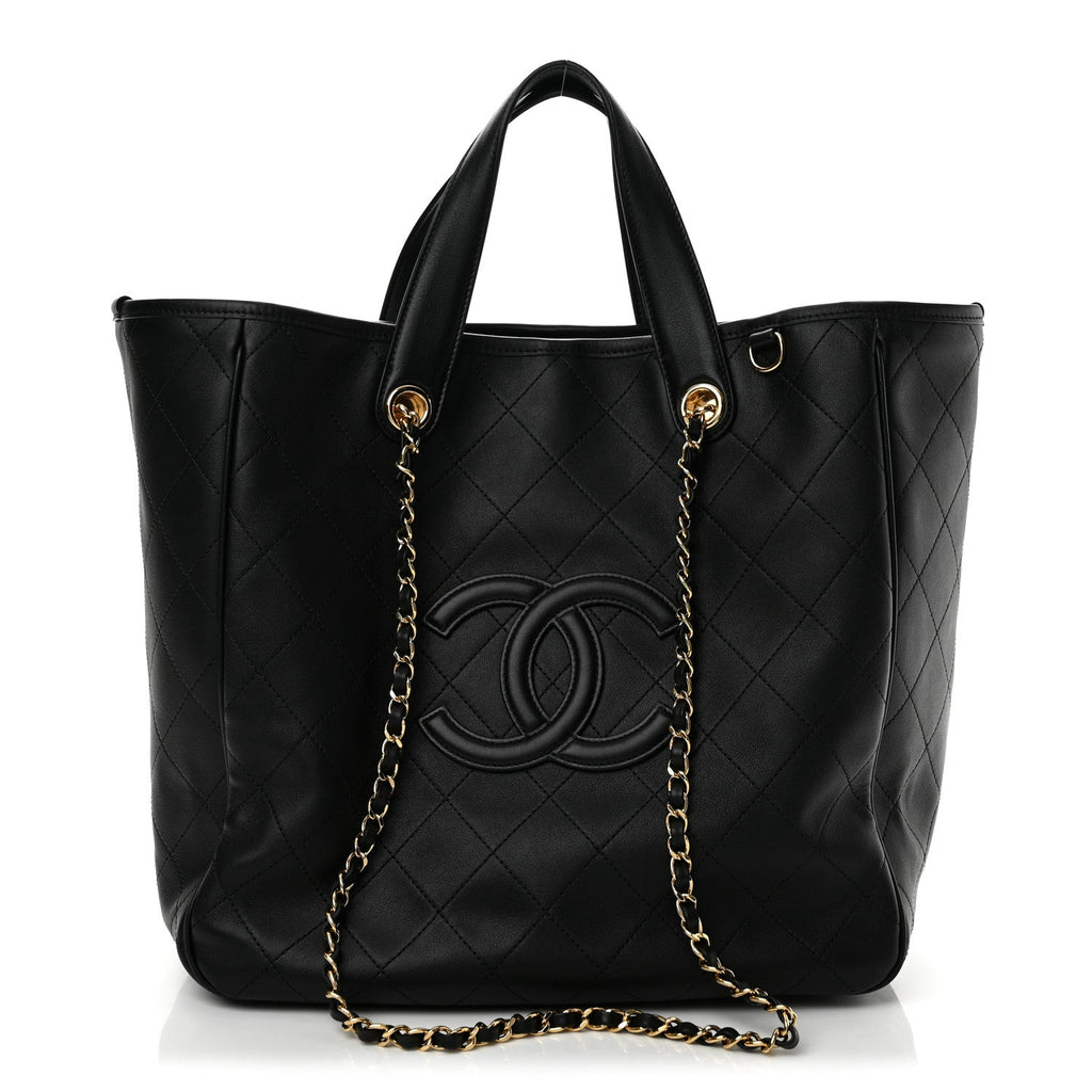 Calfskin Quilted Large CC Shopping Bag Black