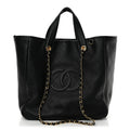 Calfskin Quilted Large CC Shopping Bag Black