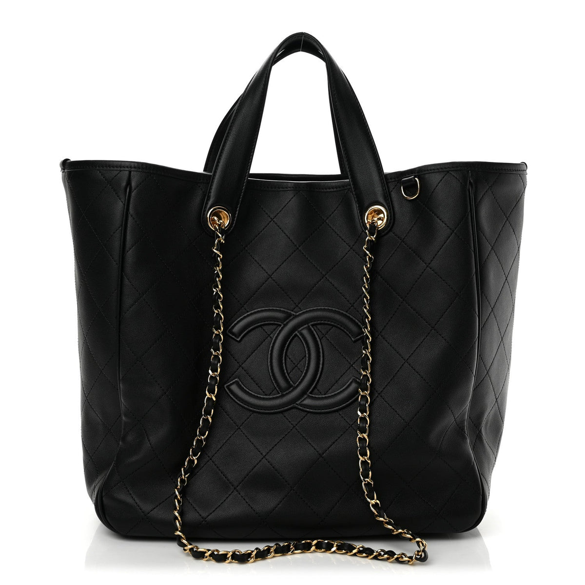 Calfskin Quilted Large CC Shopping Bag Black