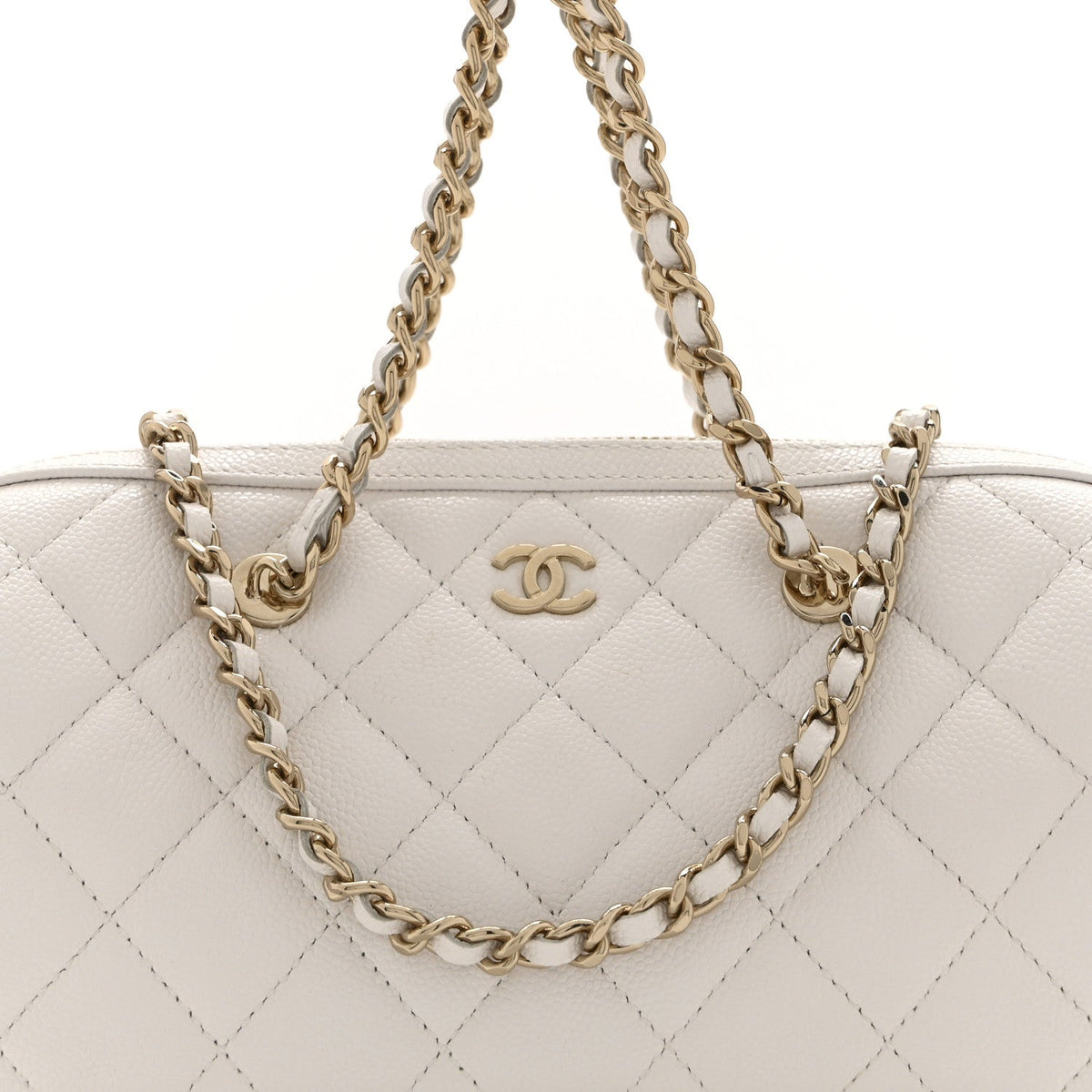 Caviar Quilted Barrel Clutch With Chain White