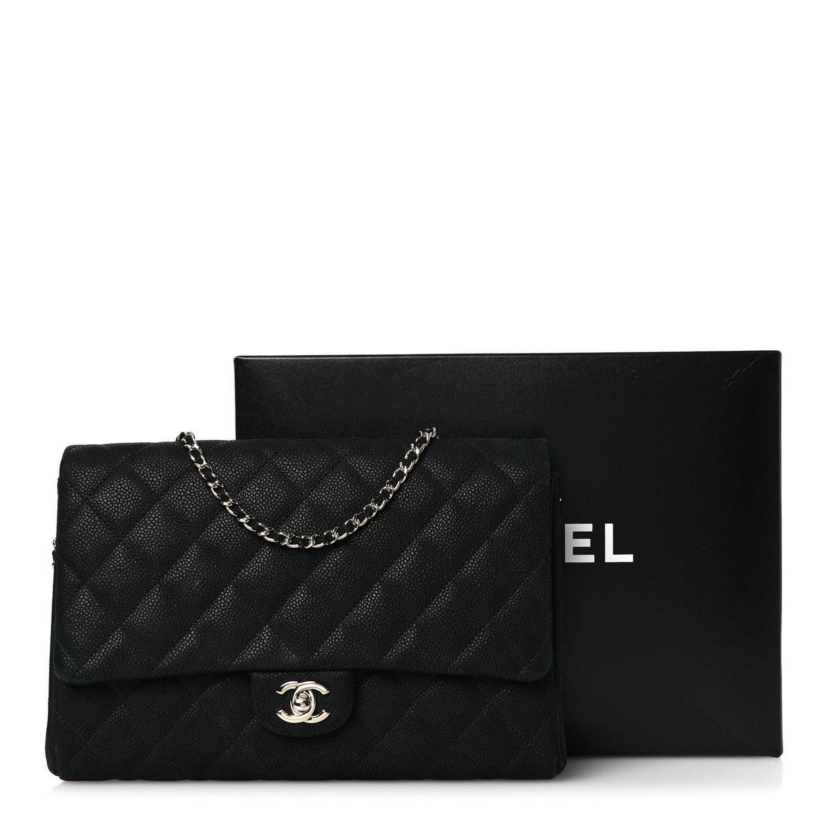 Iridescent Caviar Quilted Clutch With Chain Flap Black