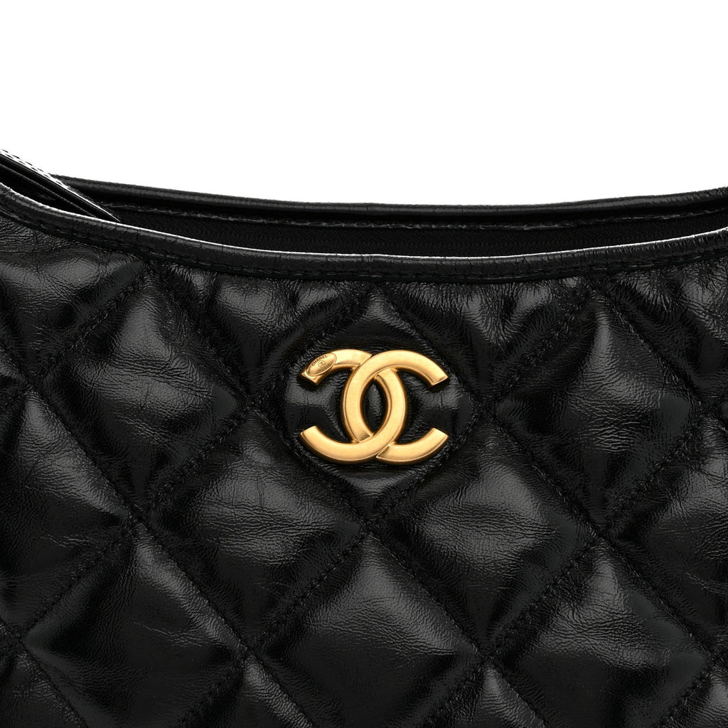 Shiny Crumpled Lambskin Quilted CC Funky Town Hobo Black