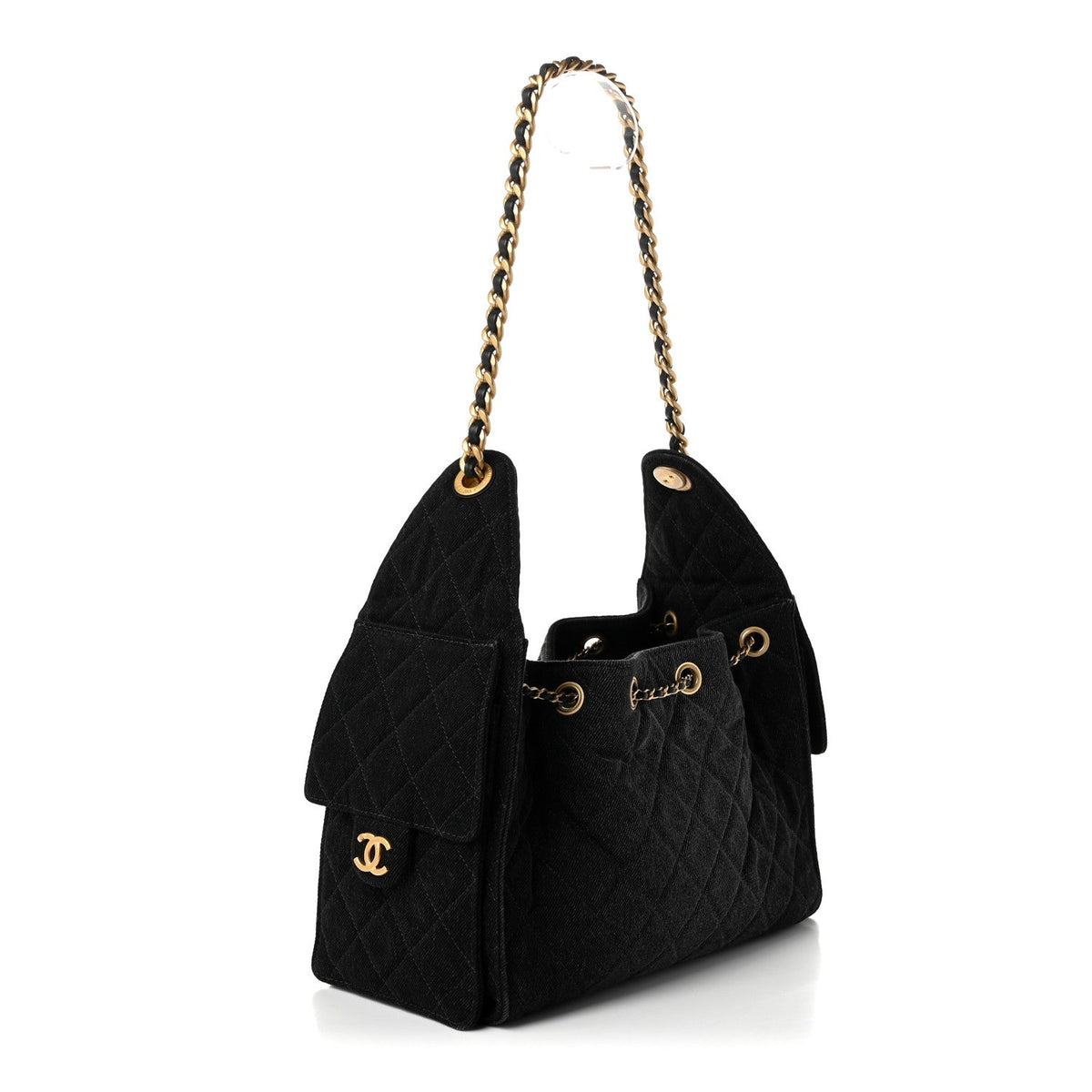 Washed Denim Quilted Small Chanel 25 Handbag Black
