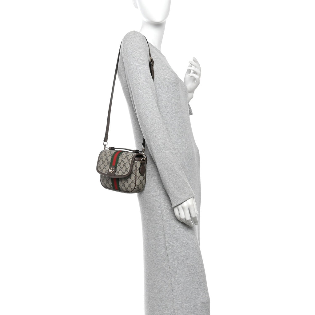 GG Supreme Monogram Textured Dollar Calfskin Small Ophidia Top Handle Shoulder Bag Beige Brown