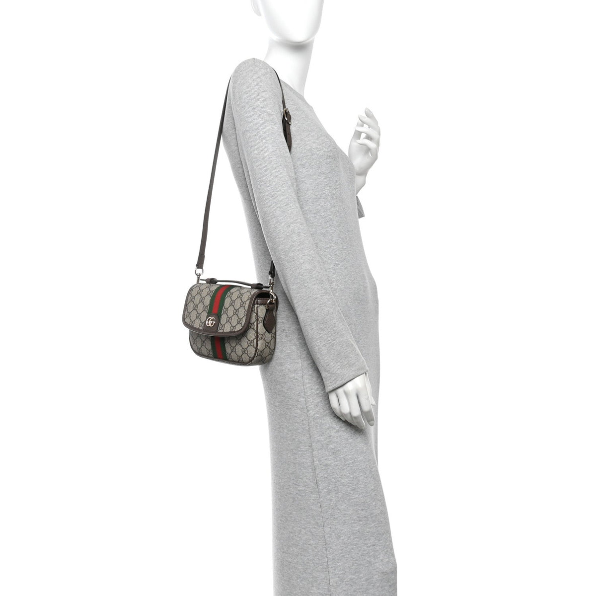 GG Supreme Monogram Textured Dollar Calfskin Small Ophidia Top Handle Shoulder Bag Beige Brown