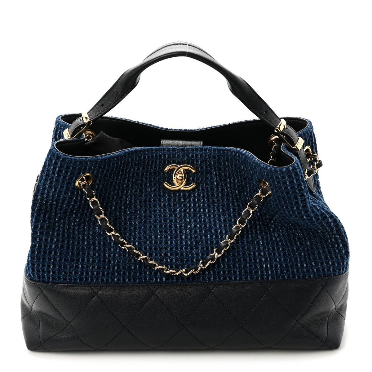 Tweed Shiny Lambskin Quilted Coco Base Small Shopping Bag Dark Blue