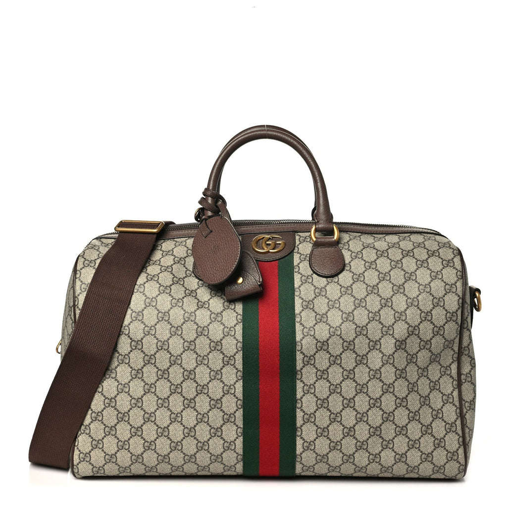 GG Supreme Monogram Textured Dollar Calfskin Web Medium Ophidia Carry-On Duffle Bag Beige Ebony New Acero