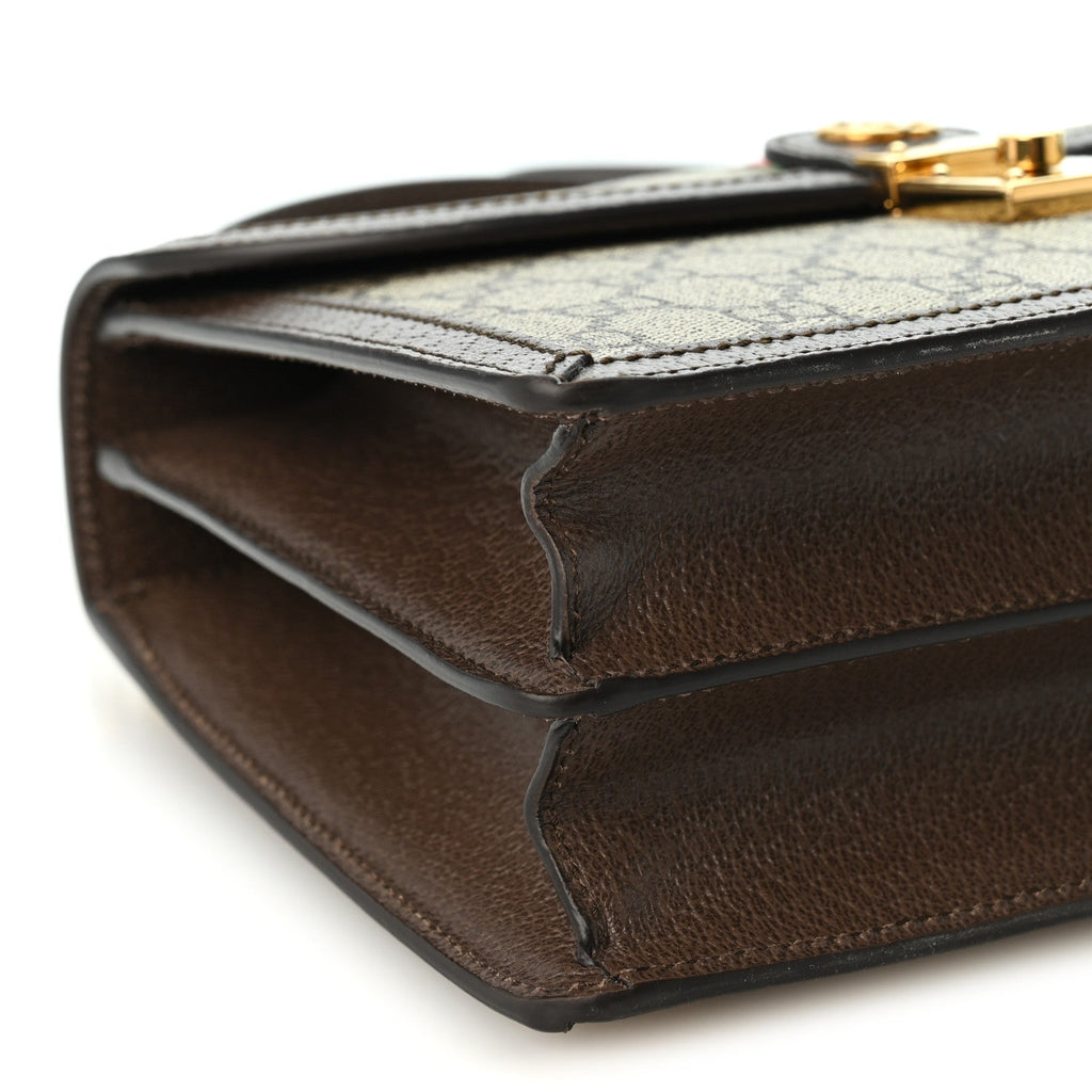 GG Supreme Monogram Textured Dollar Calfskin Web Small Ophidia Padlock Top Handle Bag Beige Ebony New Acero
