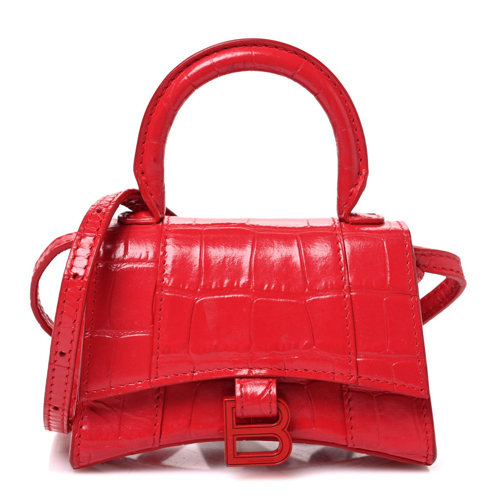 Shiny Calfskin Tonal B Crocodile Embossed Hourglass Top Handle Bag Mini Bright Red