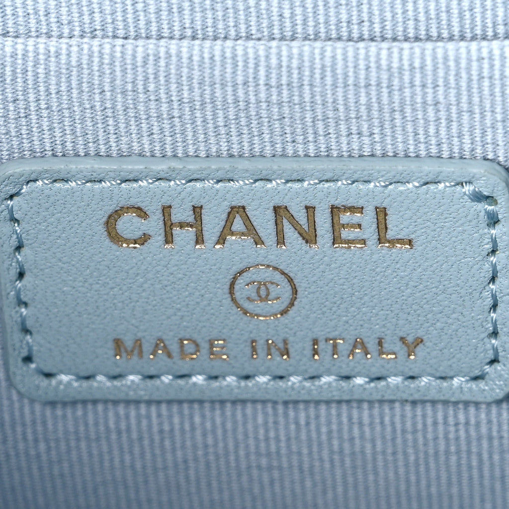Lambskin Quilted Small Top Handle Vanity Case With Chain Light Blue