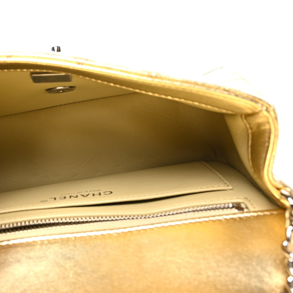Metallic Lambskin Quilted Mini Rectangular Pearl Crush Flap  Gold