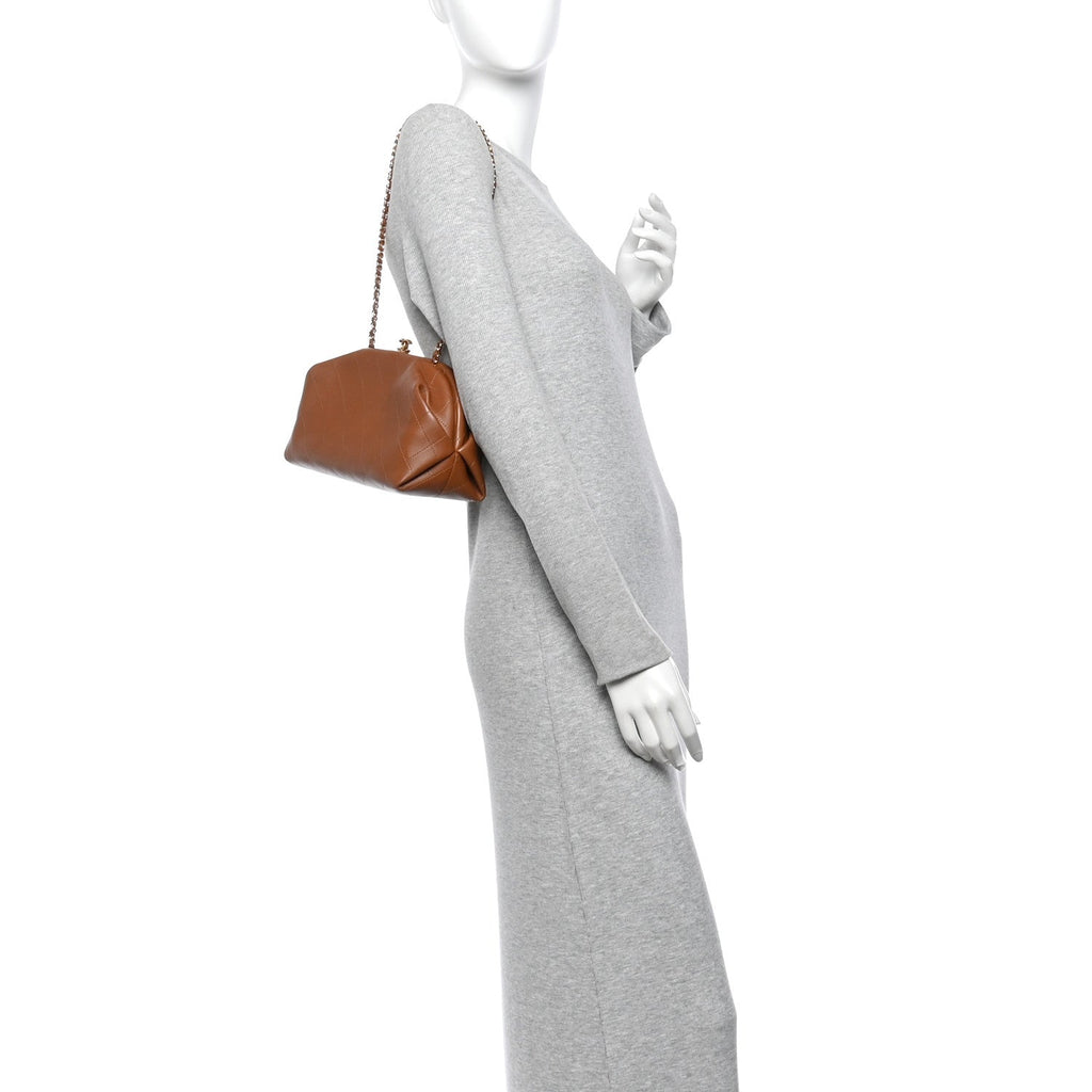 Lambskin Stitched Clutch With Chain Brown