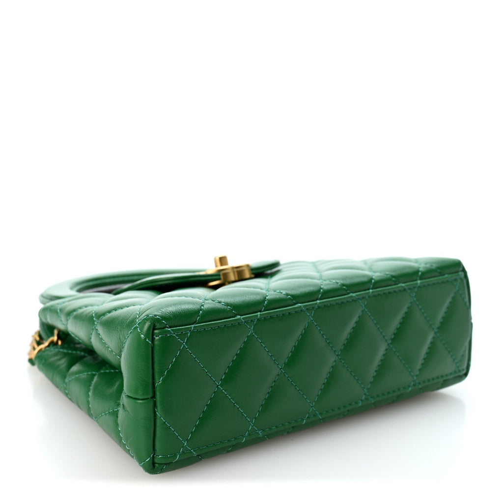 Shiny Aged Calfskin Quilted Nano Kelly Shopper Green