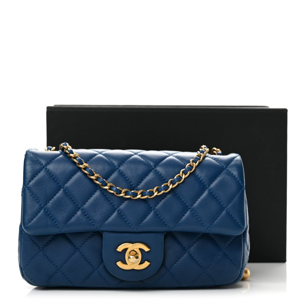 Lambskin Quilted Pearl Crush Mini Rectangular Flap Blue