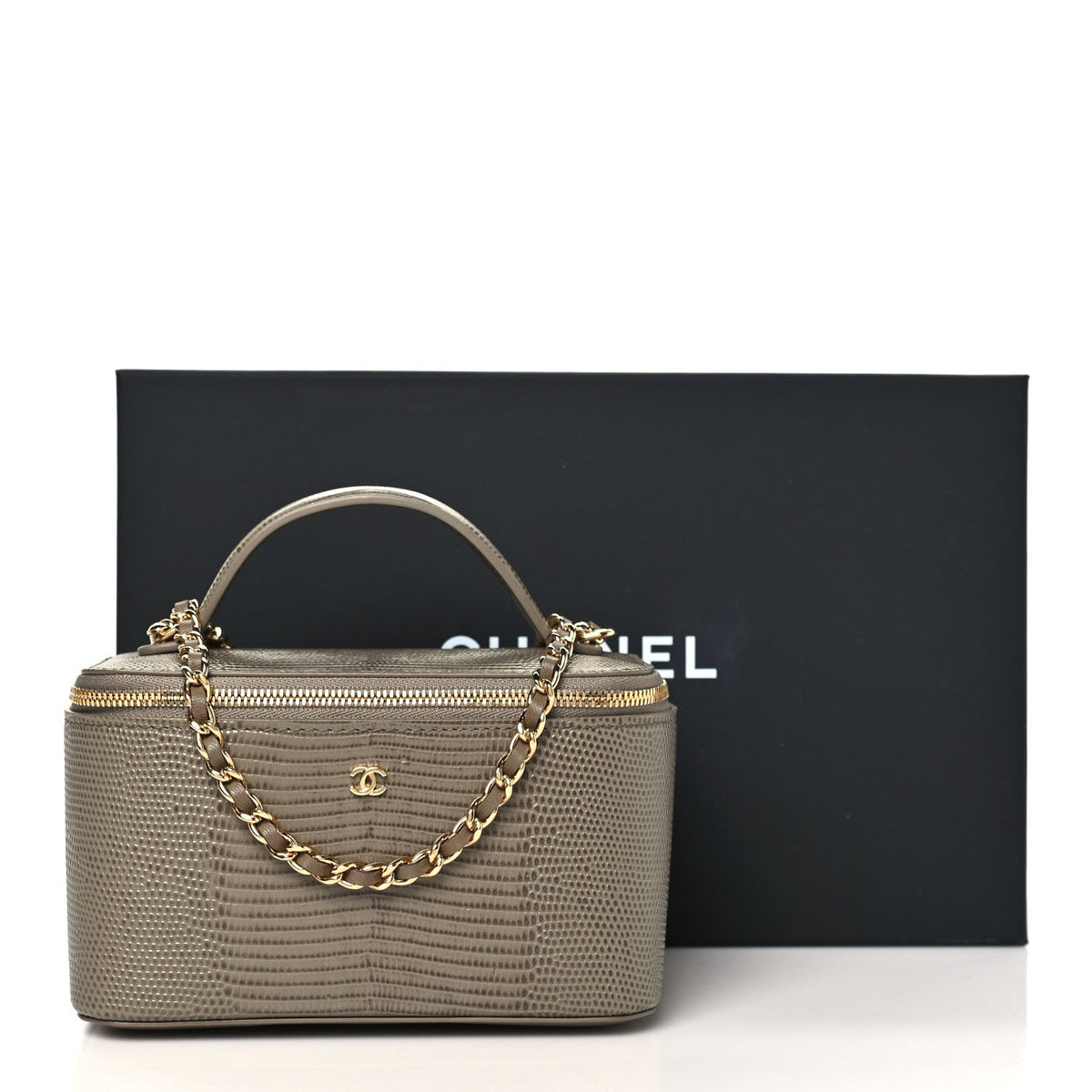 Calfskin Lizard Embossed Top Handle Vanity With Chain  Dark Khaki