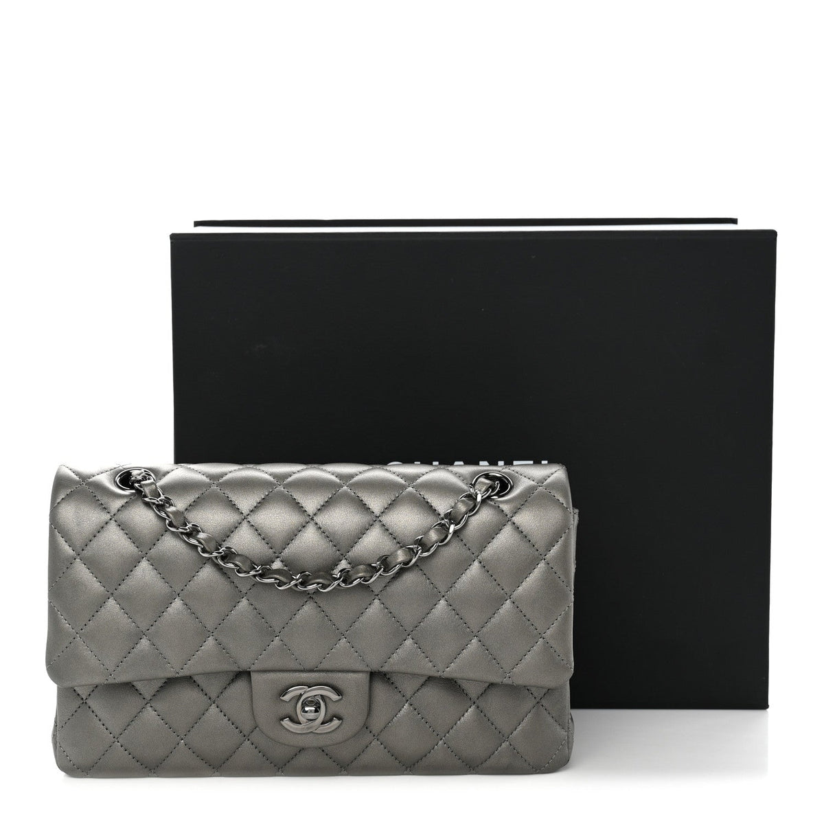 Metallic Calfskin Quilted Medium Double Flap Ruthenium