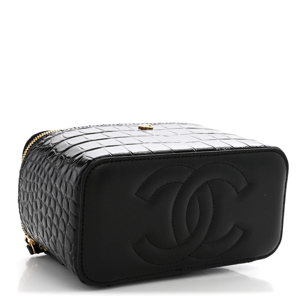 Calfskin Crocodile Embossed Crococo Small Top Handle Vanity Case With Chain Black