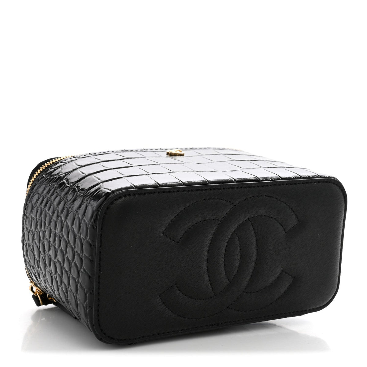 Calfskin Crocodile Embossed Crococo Small Top Handle Vanity Case With Chain Black