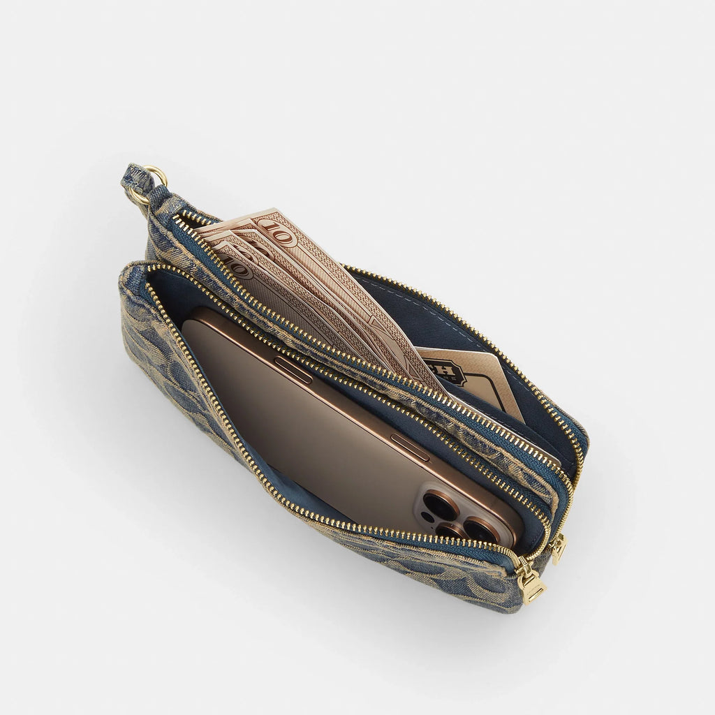 Coach Outlet Double Zip Wristlet In Signature Regenerative Cotton Denim