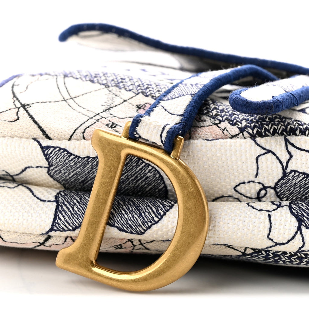 Canvas Embroidered Around the World Saddle Bag Blue