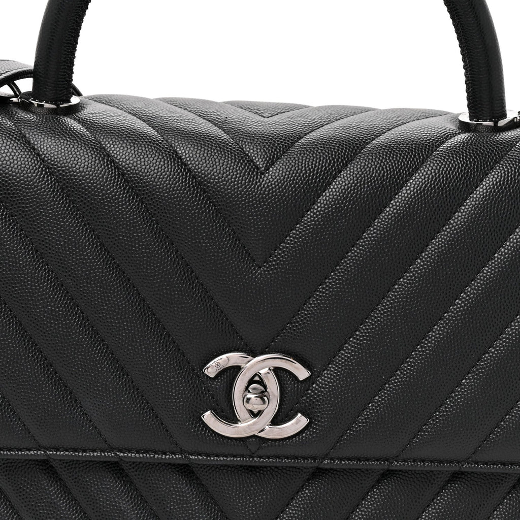 Caviar Chevron Quilted Medium Coco Handle Flap Black