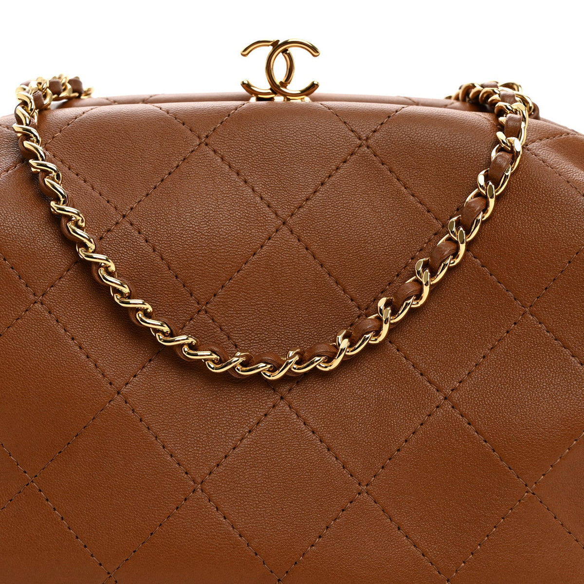 Lambskin Stitched Clutch With Chain Brown