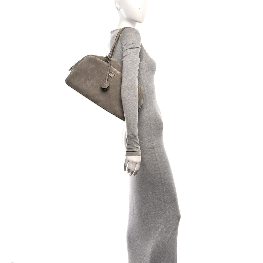 Suede Calfskin Large Perfect Bowling Bag Dark Beige
