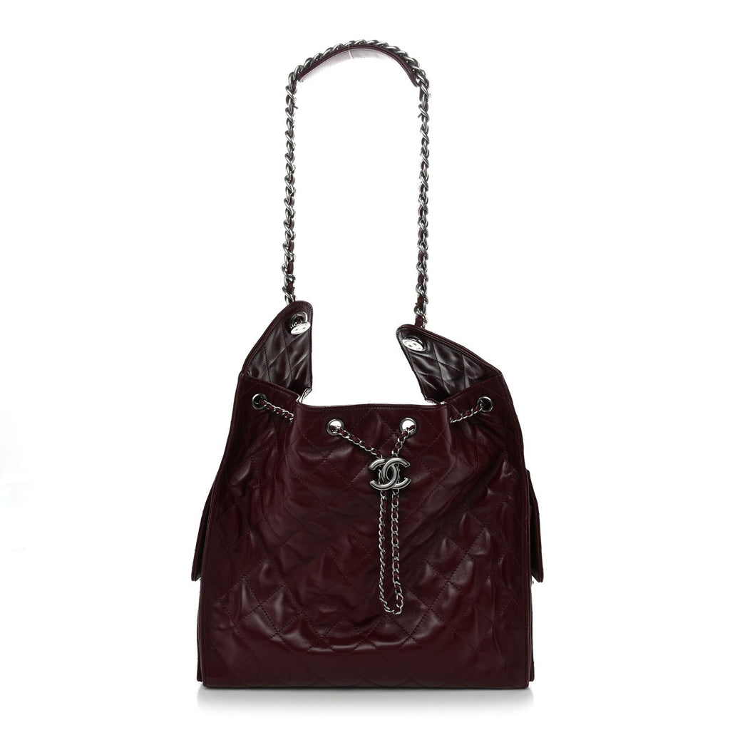 Shiny Crumpled Calfskin Quilted Medium Chanel 25 Handbag Dark Burgundy