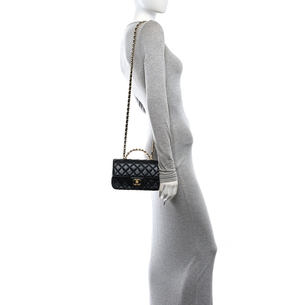 Lambskin Quilted Mini Chain Top Handle Rectangular Flap Black