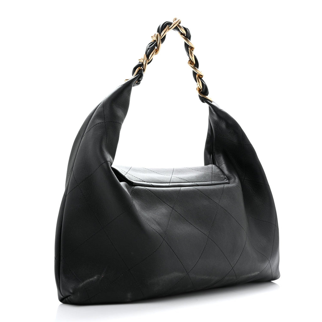 Shiny Calfskin Quilted Maxi Chain Hobo Black