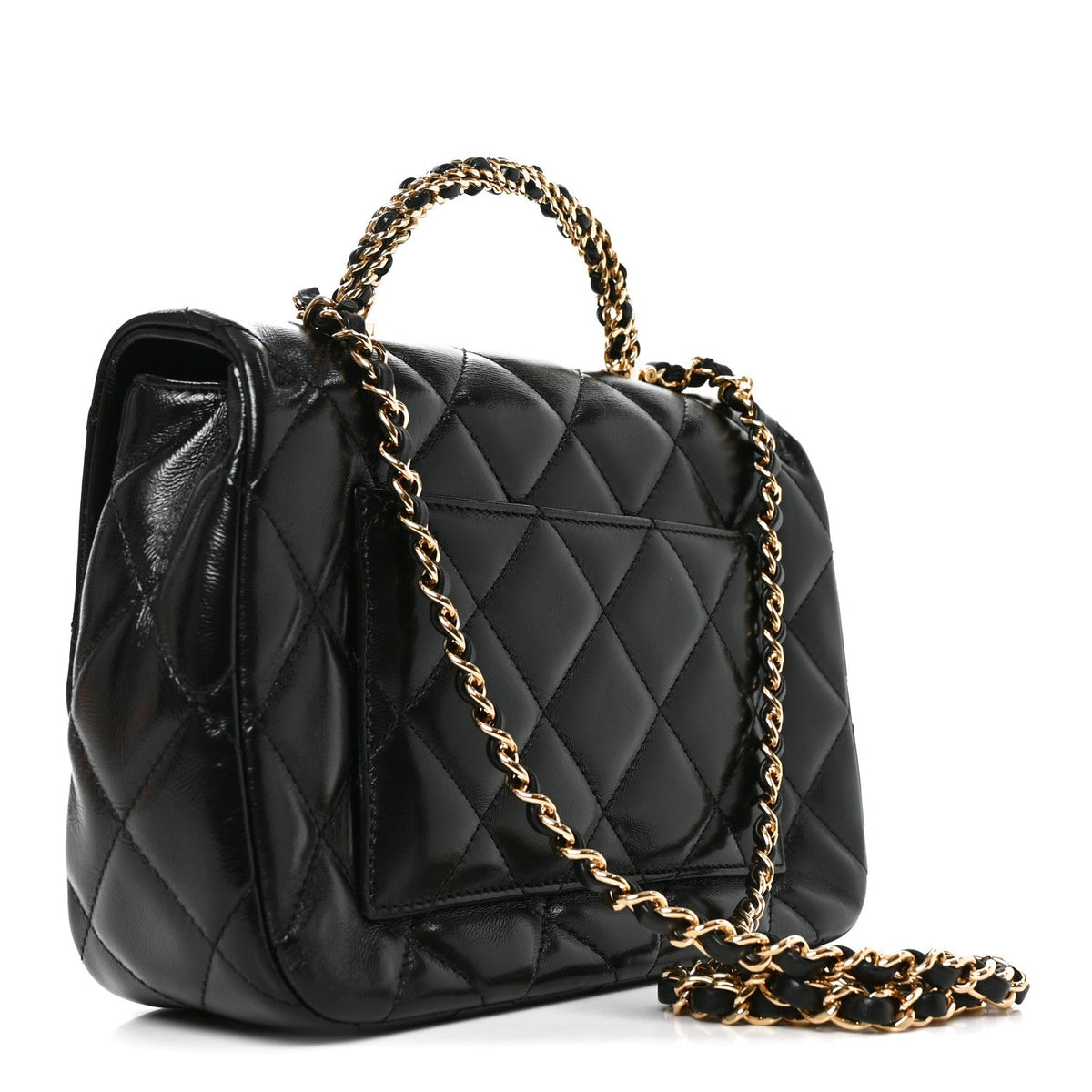 Shiny Lambskin Quilted Twisted Links Top Handle Flap Black
