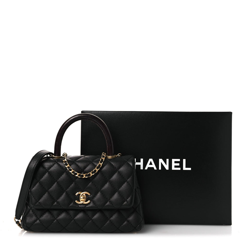 Caviar Lizard Embossed Quilted Mini Coco Handle Flap Black
