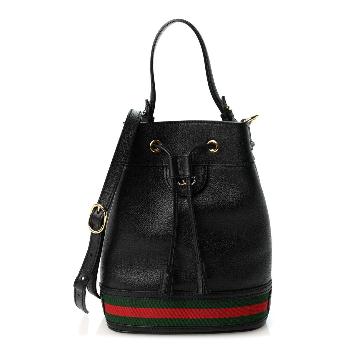 Glazed Textured Calfskin Web Small Ophidia Bucket Bag Black