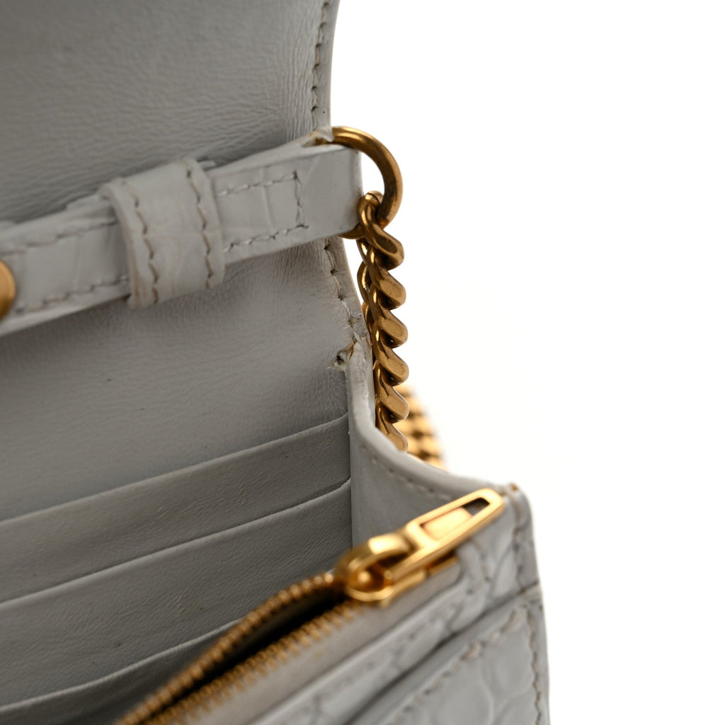 Shiny Calfskin Crocodile Embossed Hourglass Chain Bag White