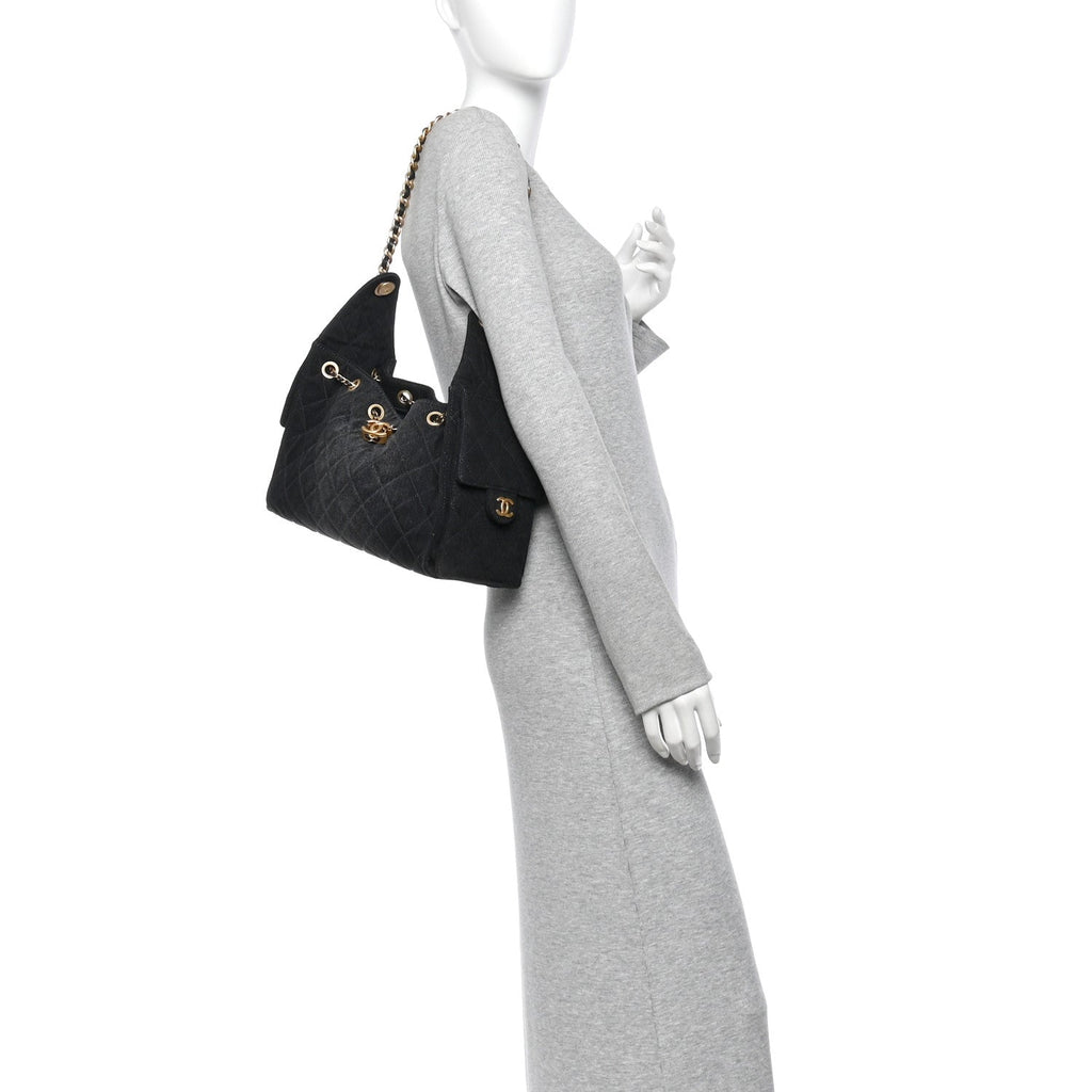 Washed Denim Quilted Small Chanel 25 Handbag Black