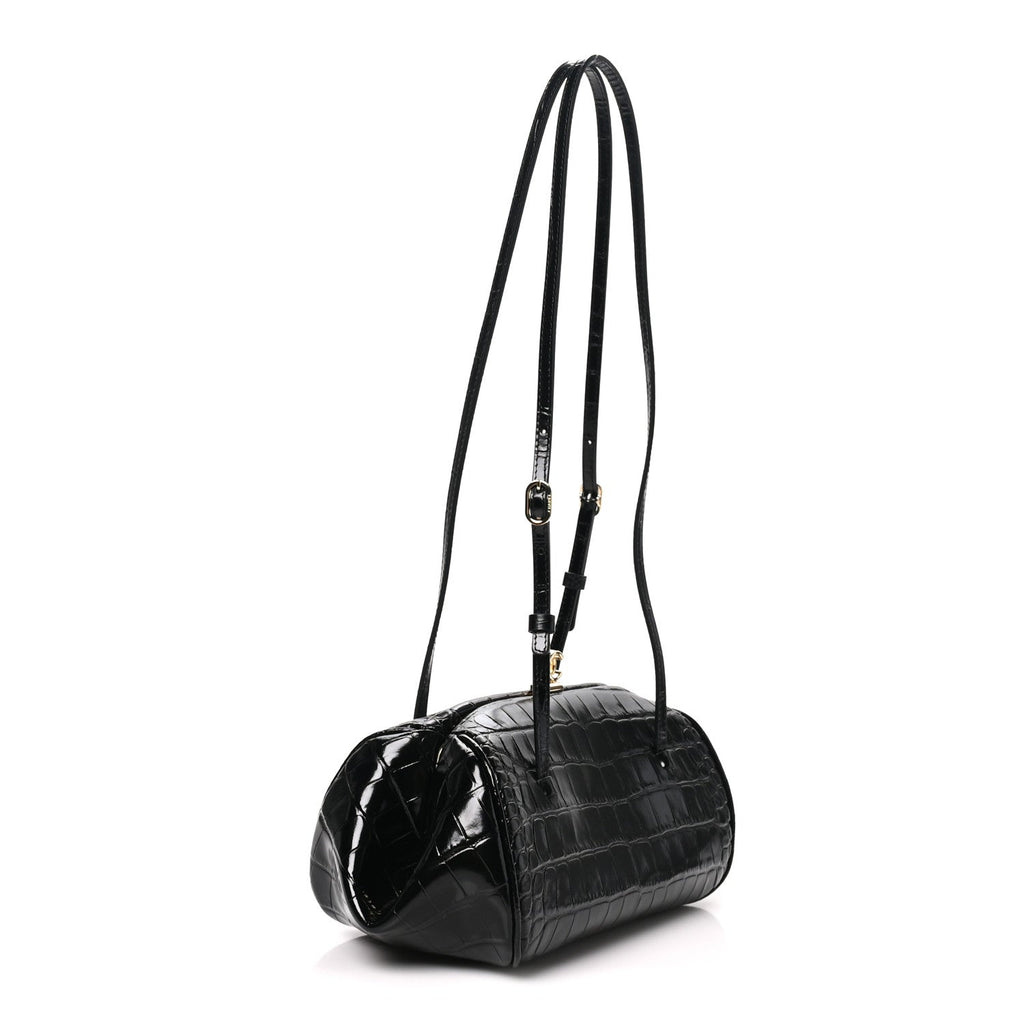 Calfskin Crocodile Embossed Pretty CC Clutch With Strap Black