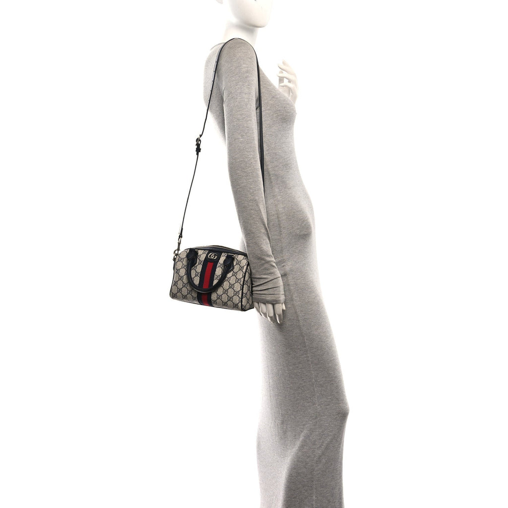 GG Supreme Monogram Textured Dollar Calfskin Web Mini Ophidia Top Handle Bag Beige Blue