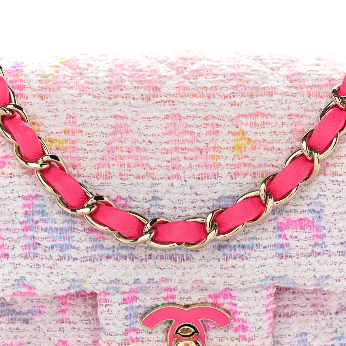 Tweed Quilted Enamel CC Logo Mini Rectangular Flap Pink Multicolor