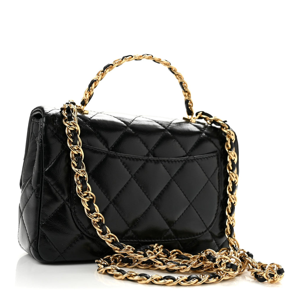 Shiny Lambskin Quilted Golden Links Top Handle Flap Black